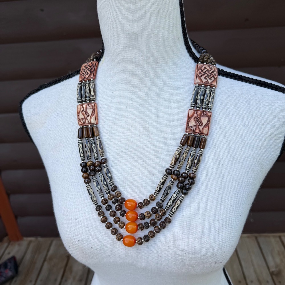 Vintage Tribal style 4 strand Hand carved Yak bone & resin necklace Nepal 27"in